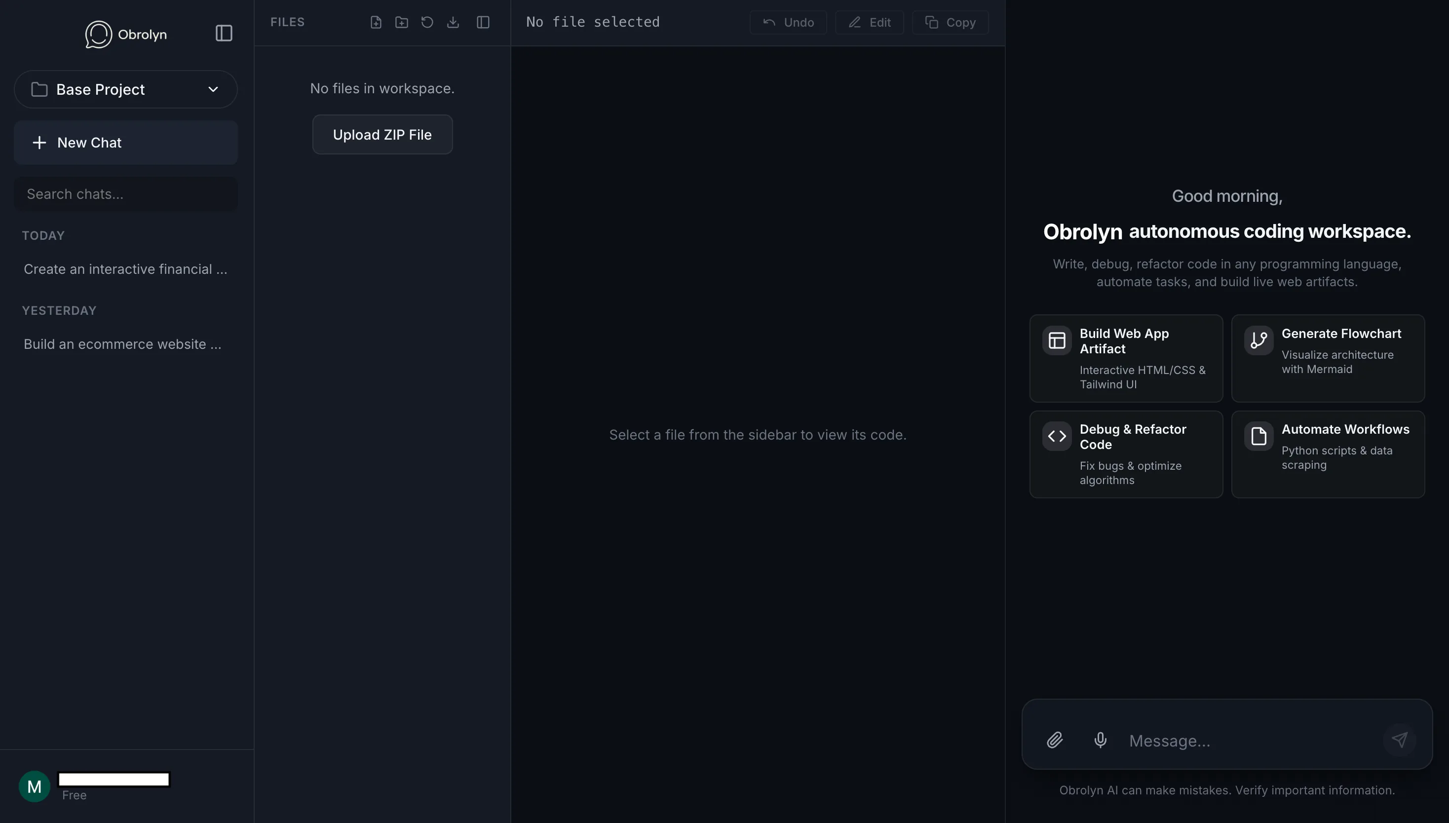Obrolyn Coding Mode Workspace